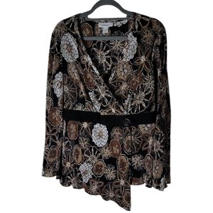 Dressbarn plus size 1X floral faux wrap pkeated bell sleeve top boho brown black